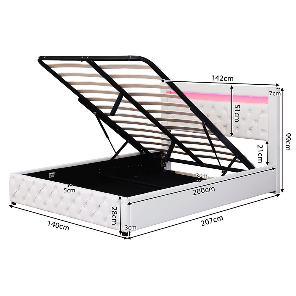 Lit coffre Lit adulte Lit rembourré Lit 140 x 200 cm lit fonctionnel avec espace de rangement avec éclairage LED PU blanc - 5