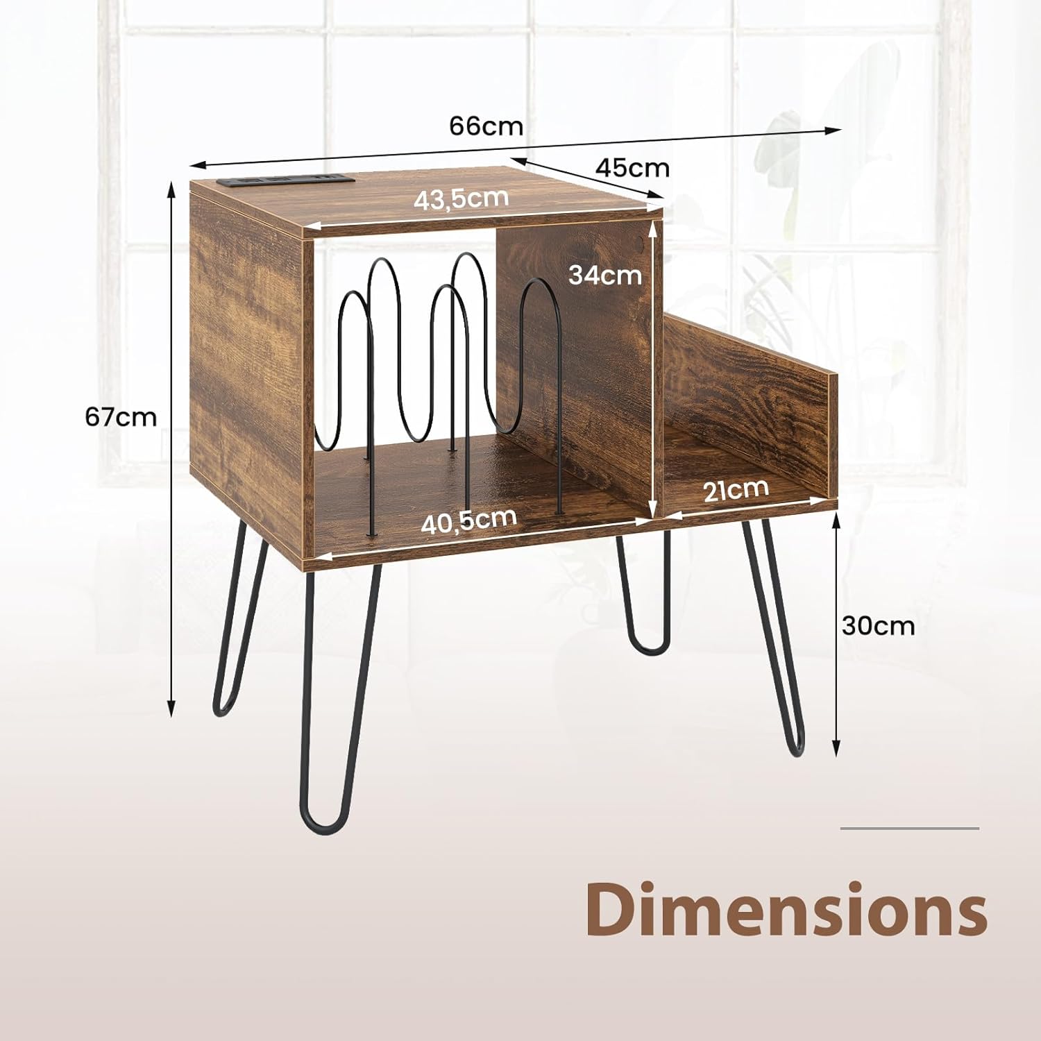 Meuble Rangement Vinyle avec Station de Charge - 2 Prises & 2USB - 66 x 45 x 67CM - Support Tourne-disque avec Séparateur Amovible - Brun Rustique - 8