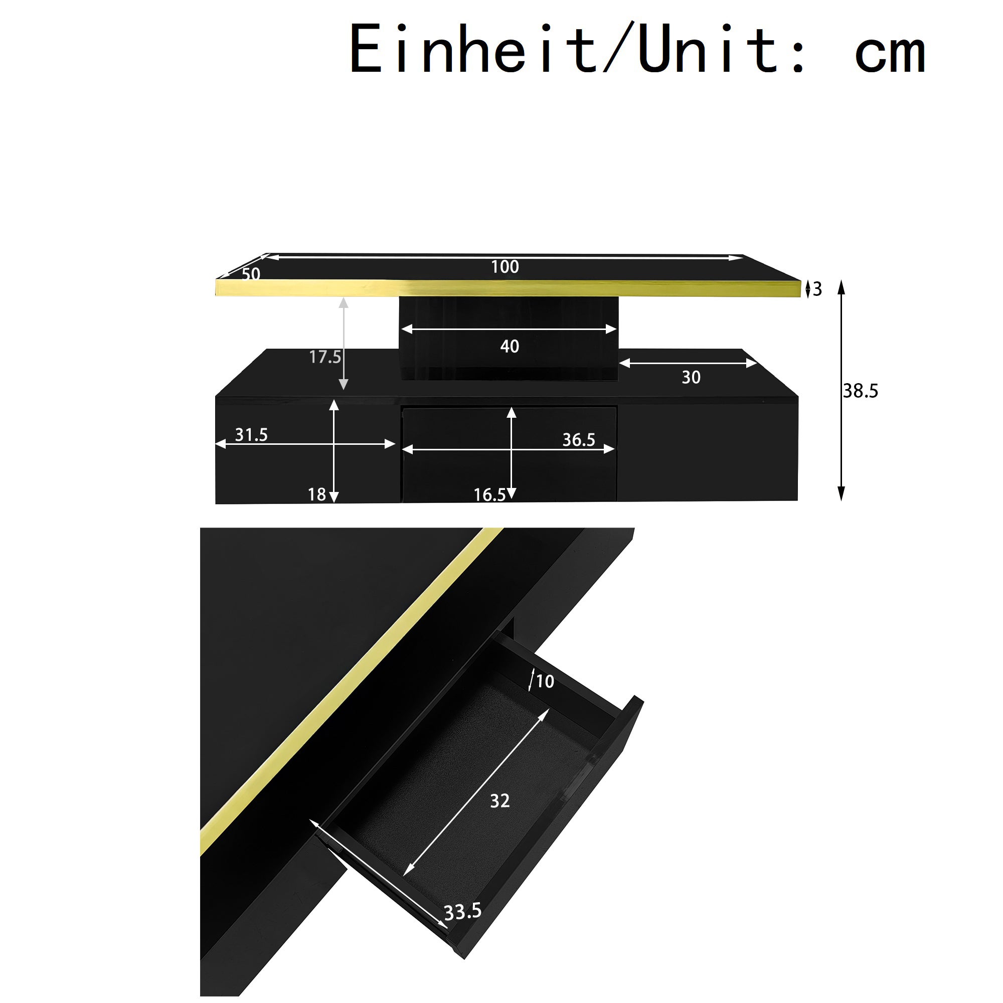 Mesa de centro - 1 cajón y 2 estantes - tablero de partículas - LED - negro brillante - 6