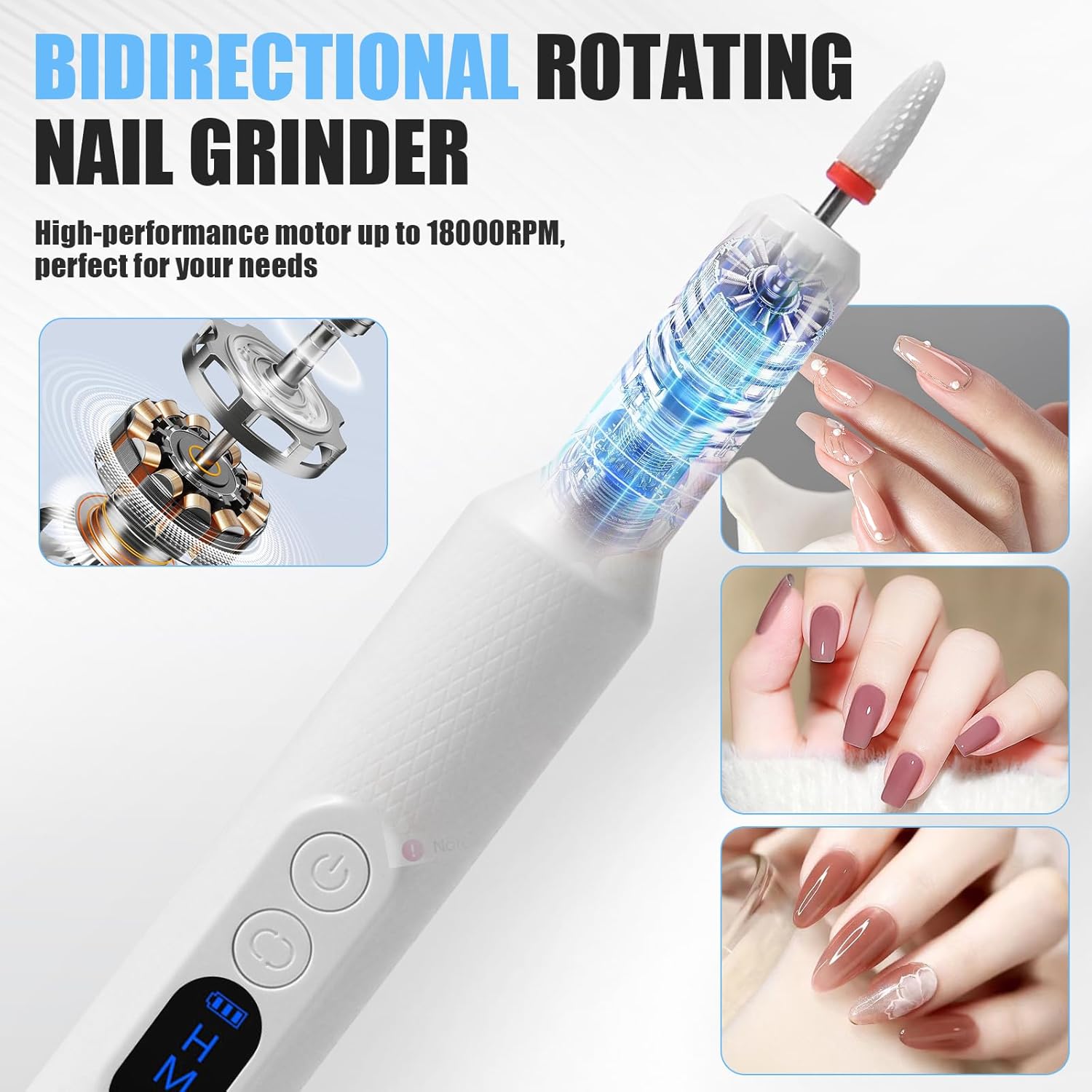 Ponceuse pour Ongles Professionnel, Lime a Ongle Electrique Sans Fil, Ponceuse Manucure Machine 18000RPM Portable Kit, Vitesse et Direction Réglables - 4