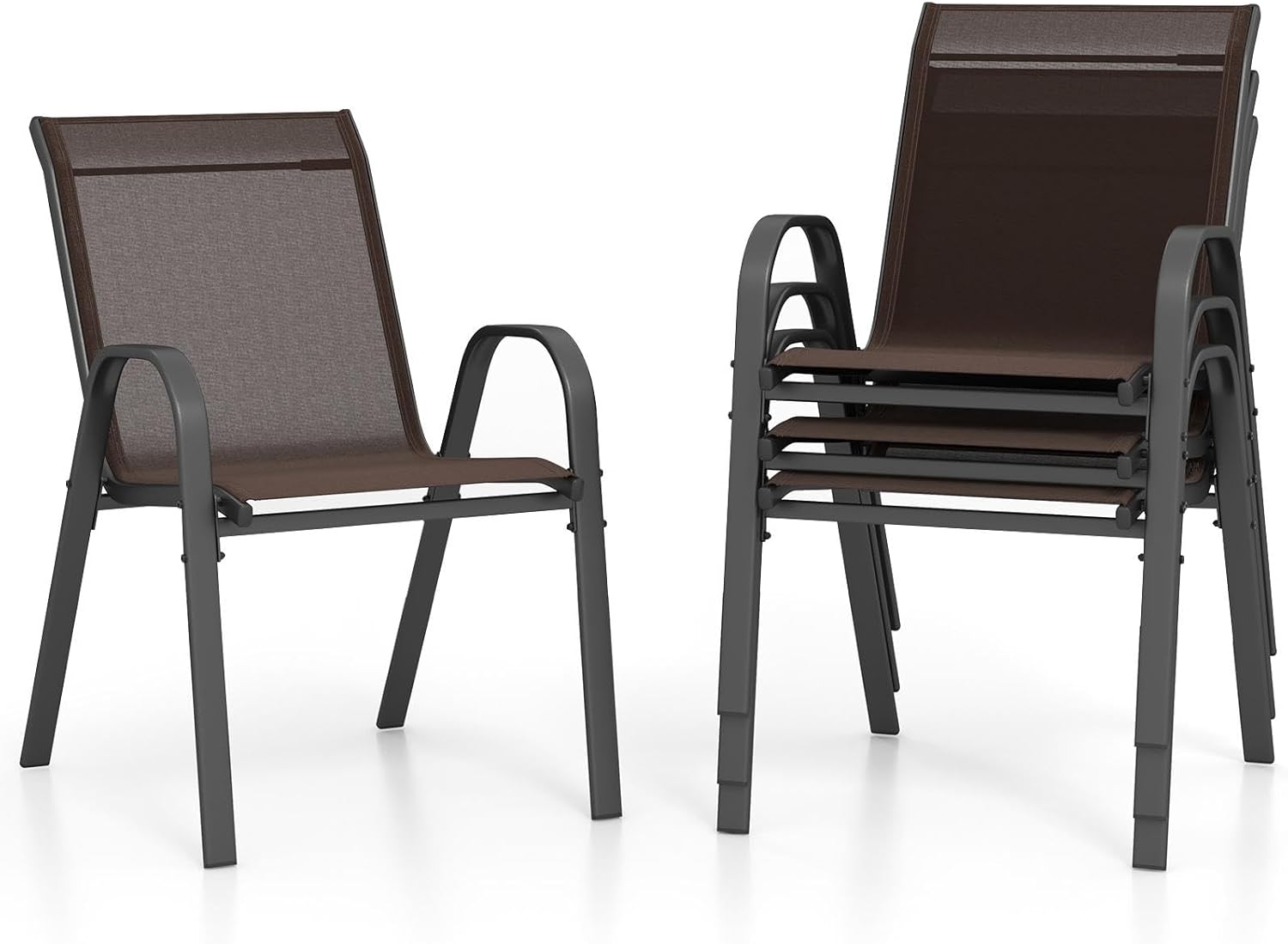 Zestaw 4 Krzeseł Ogrodowych z Metalu i Tekstylenu, Krzesło Ogrodowe z Podłokietnikami i Oparciem, 56 x 70 x 84 cm, Nośność 150 kg, Brązowe