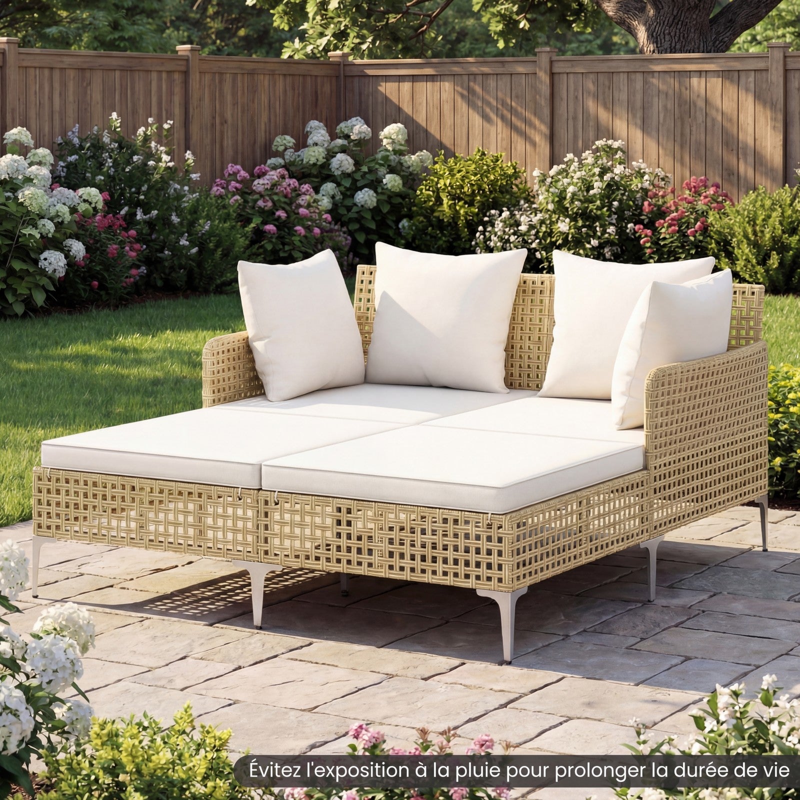 Cama de Dia Dupla em Rattan para Exterior, Espreguiçadeira de Vime para 2 Pessoas com Almofadas de Assento e Encosto, Banco de Sol com Suporte - 7
