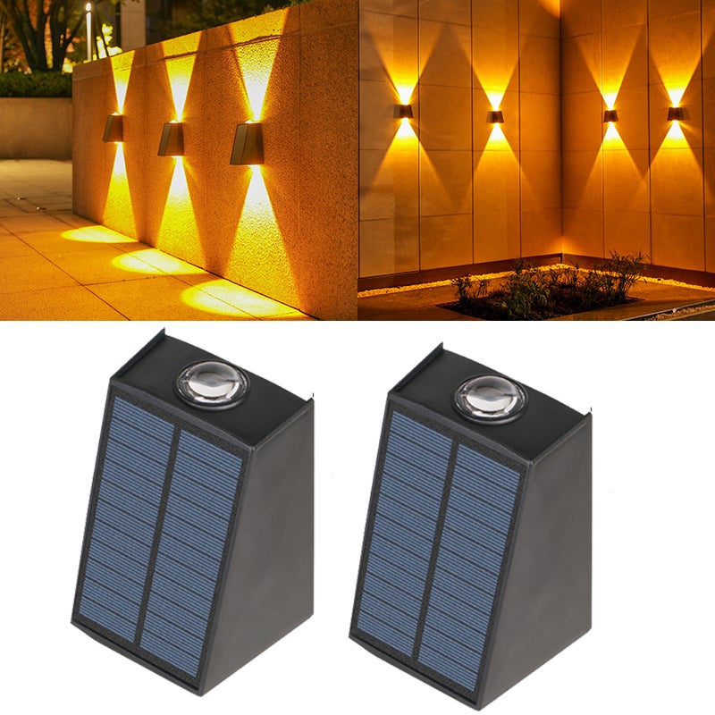 2 lampy solarne, wodoodporne oświetlenie zewnętrzne, oświetlenie w górę i w dół, na taras, do ogrodu, dekoracja uliczna, żółte światło