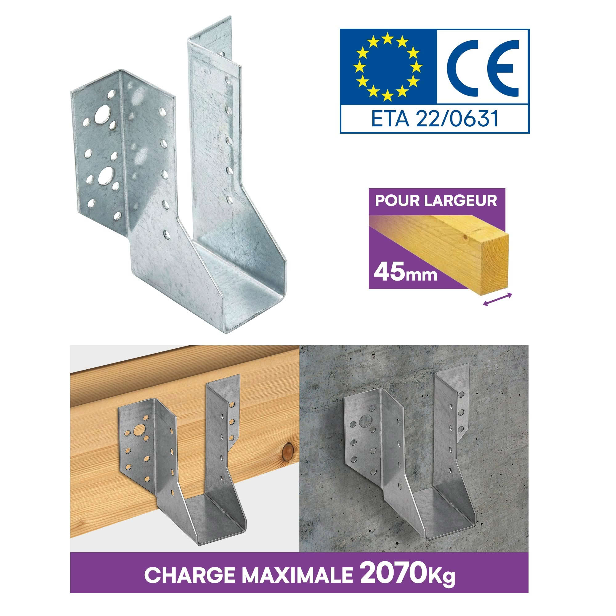 10 sabots de charpente à ailes extérieures - Connecteurs de poutres - Acier galvanisé - Larg 45 x Ht 140 mm - Fabriqué en Europe - 3