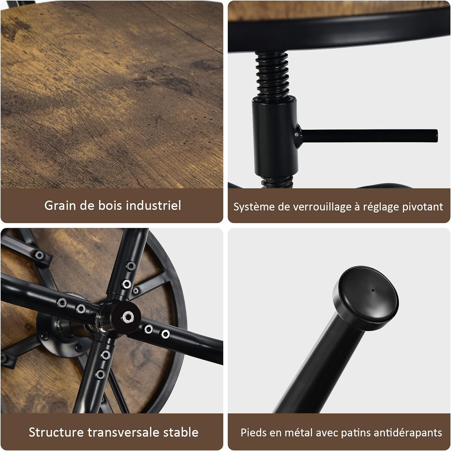 Lot de 2 Tabourets de Bar, Hauteur Réglable de 69 à 76 CM, Chaise Haute Bar avec Dossier Détachable et Repose-Pieds, Cadre en Métal - 6