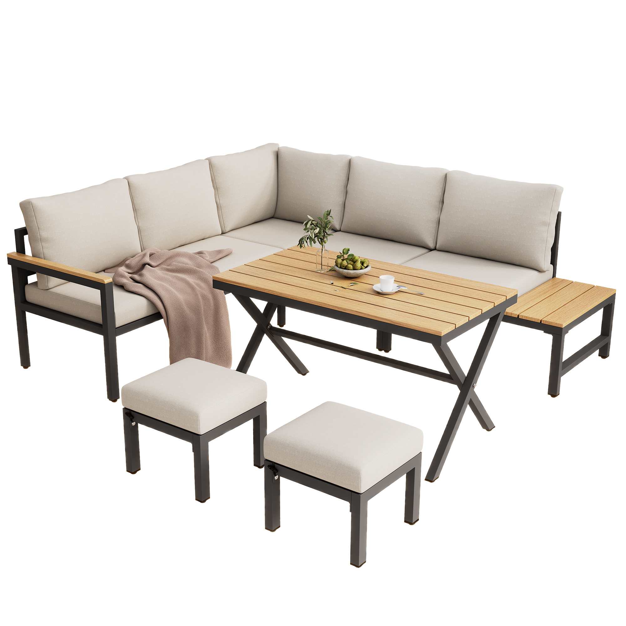 Ensemble de Salle à Manger de Jardin 4 Pièces avec Canapé d’Angle, Table et 2 Tabourets – Gris Beige - 8