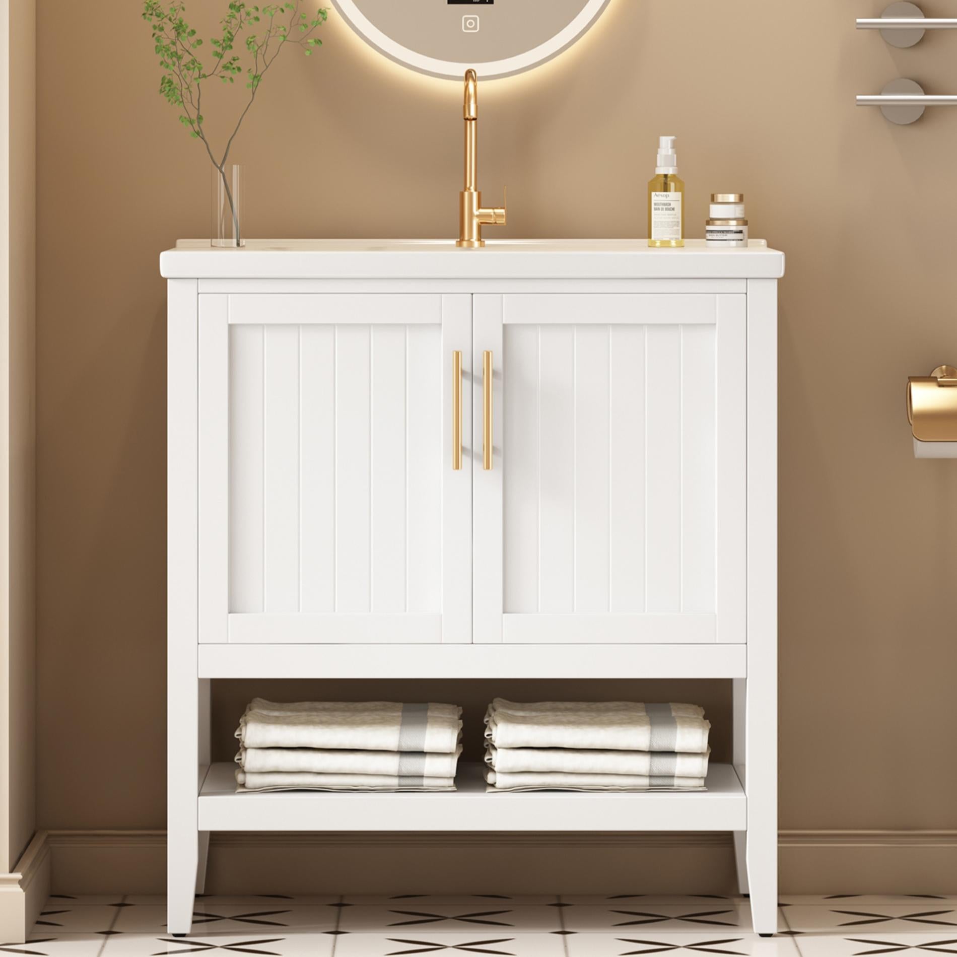 Szafka łazienkowa 80 cm z umywalką ceramiczną – biała szafka dolna z eleganckim i stabilnym schowkiem