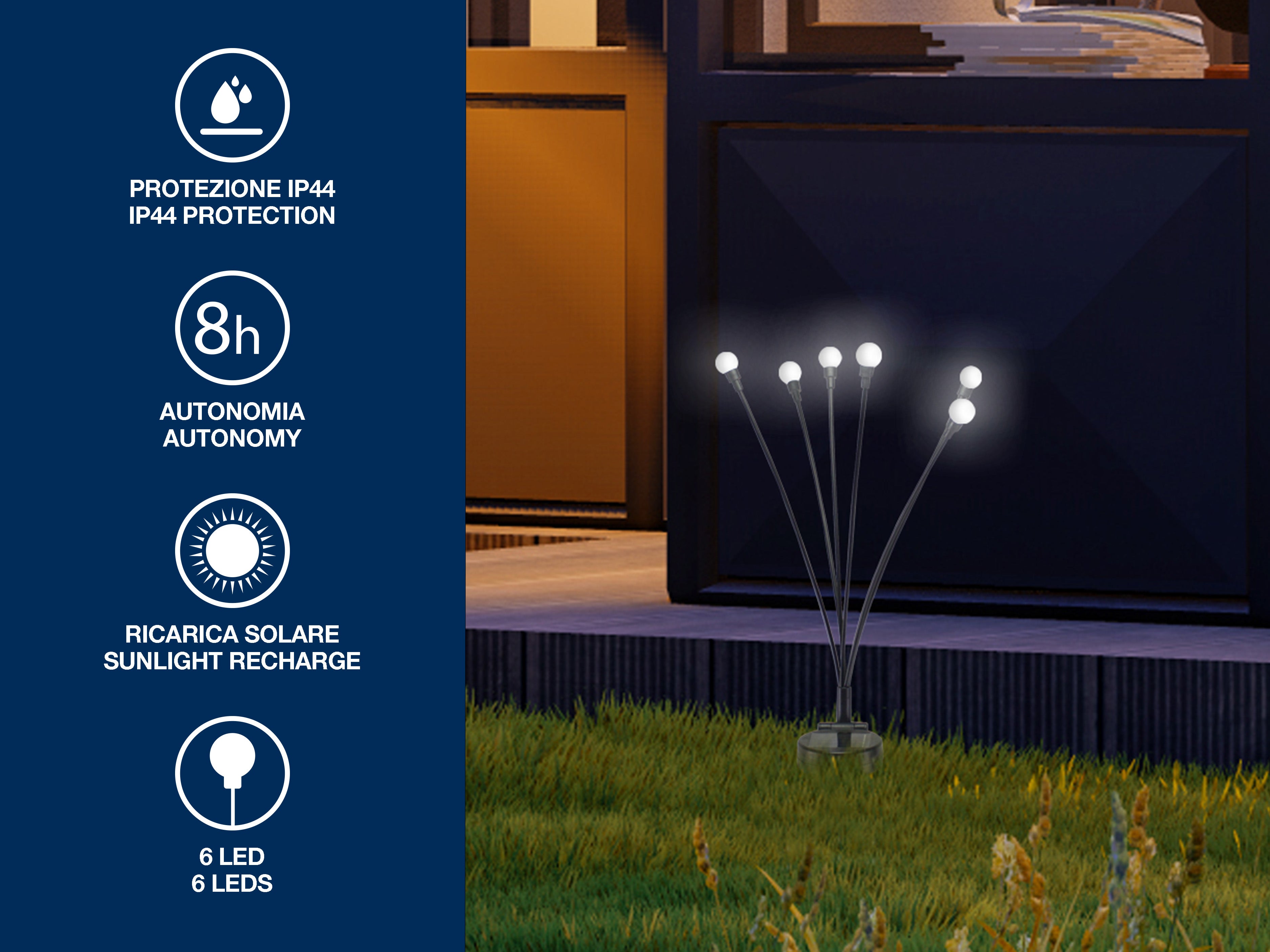 BEPER P207ILO104 Lampada solare da esterno, luce solare con 6 sfere LED, lucciole da giardino, luce con picchetto per vialetti e aiuole - 3