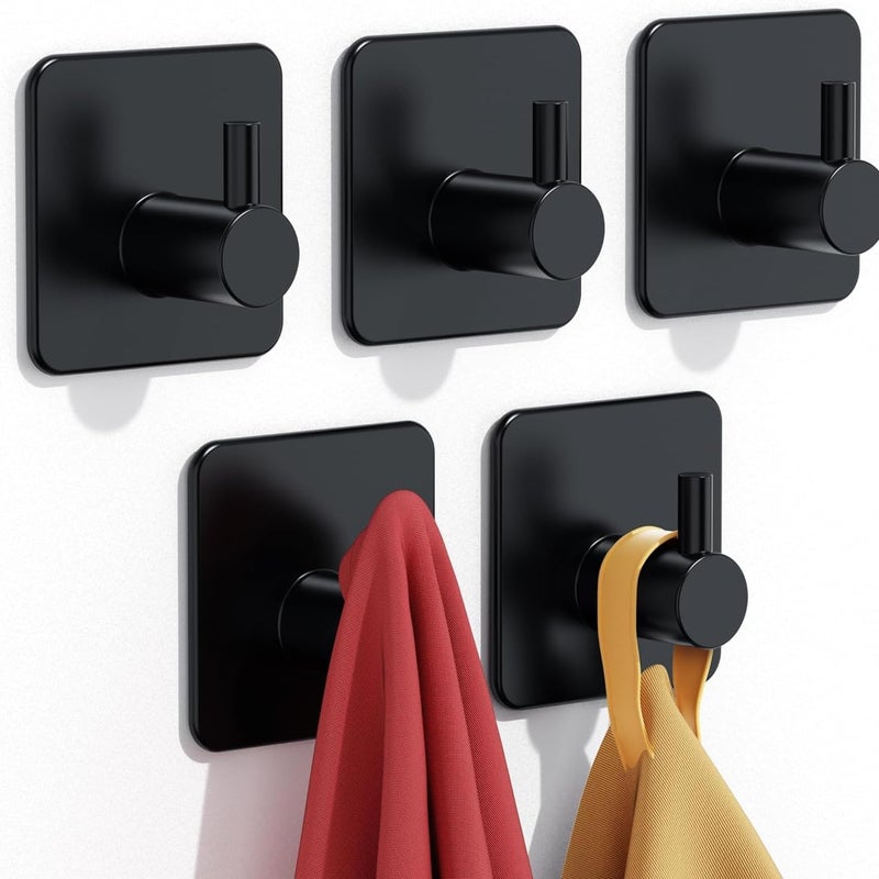 Haczyki ścienne samoprzylepne, odpowiednie do łazienki i kuchni, nie wymagają wiercenia, czarne (opakowanie 5 szt.)