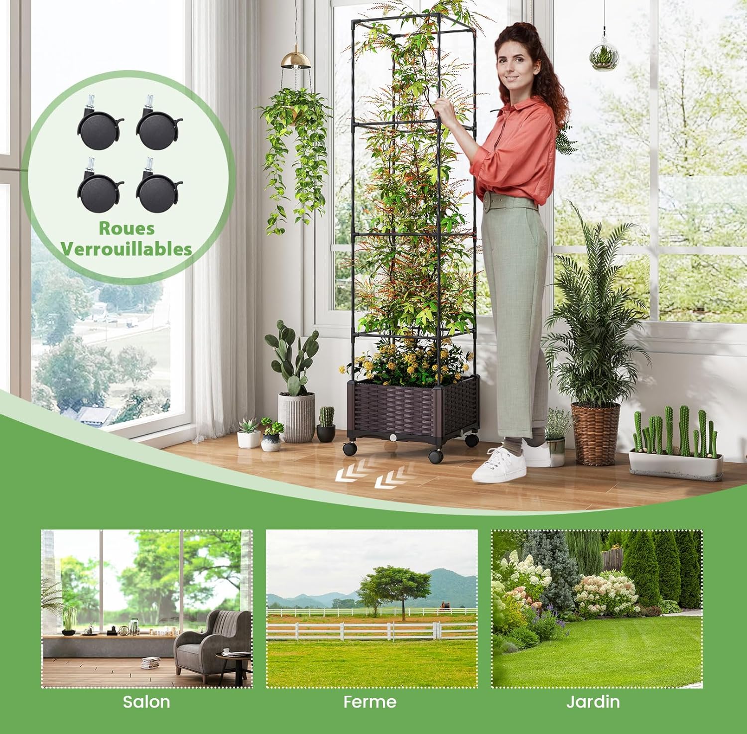 Jardinière avec Treillis Jardin pour Plantes Grimpantes, Obélique avec Carré Potager Pot,Cage à Tomates à roulettes 170/130/90/50CM 40 x 40 x 32CM - 6