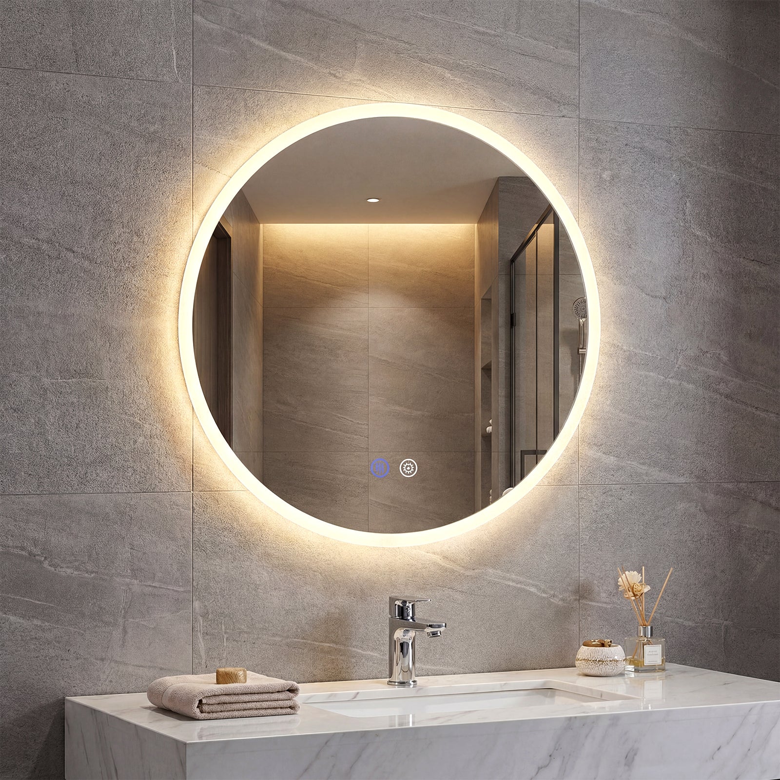 Oglindă de baie cu iluminare, oglindă rotundă de perete cu protecție anti-abur, luminozitate reglabilă, sticlă călită, funcție memorie, Ø 60 cm