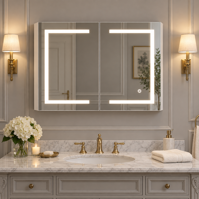 Armoire Toilette Miroir avec LED 80 x 60x 13.5 cm, Armoire Miroir Salle de Bain 2 portes avec étagère Réglable, Fonction Anti-buée, 3 Couleur Lumiere