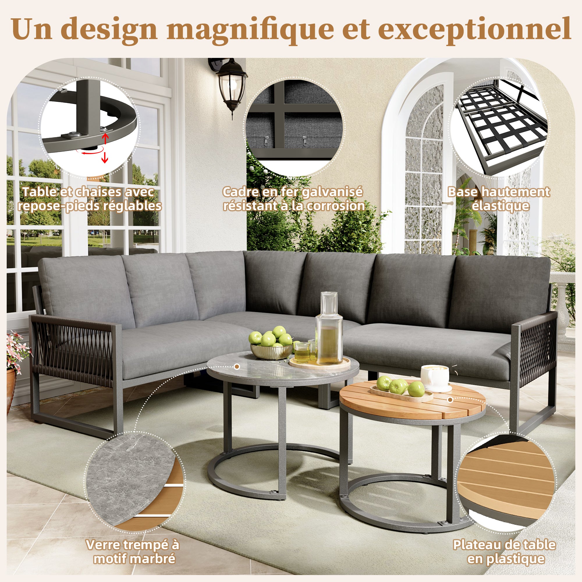 Salon de jardin, ensemble de meubles pour 6-7 personnes, canapé d'angle - en fer galvanisé, pieds réglables, 2 tables gigognes, gris - 5