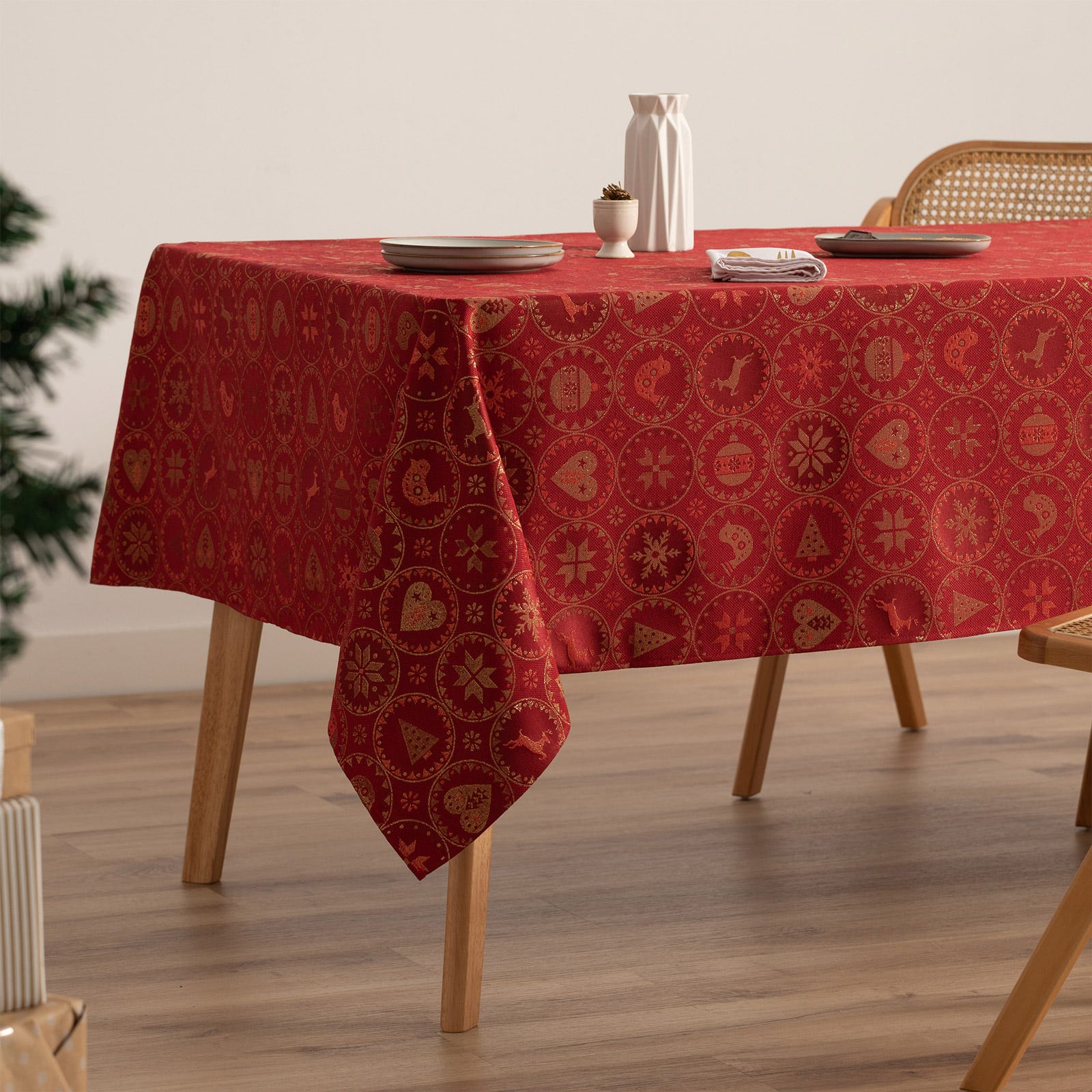 Tovaglia Rettangolare Natale 152x259 Cm In Poliestere Damascato Jacquard Antimacchia - Rosso