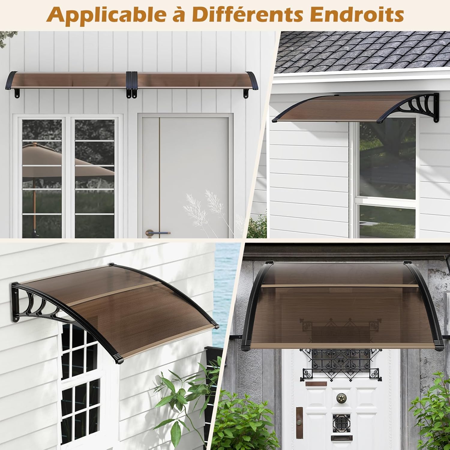 122 x 99 cm Toldo para porta de entrada Proteção solar, Toldo para portas e janelas exteriores Placa de policarbonato castanho - 8