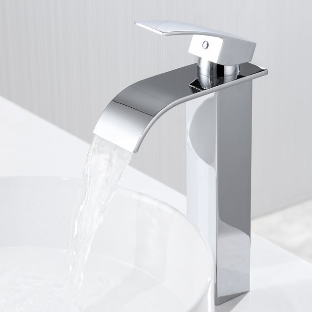 Auralum Max Robinet Cascade pour Vasque à Poser,Mitigeur Haut pour Lavabo,Robinet Cascade pour Salle Bains en Inox,Robinettrie Monotrou Sur Chromé