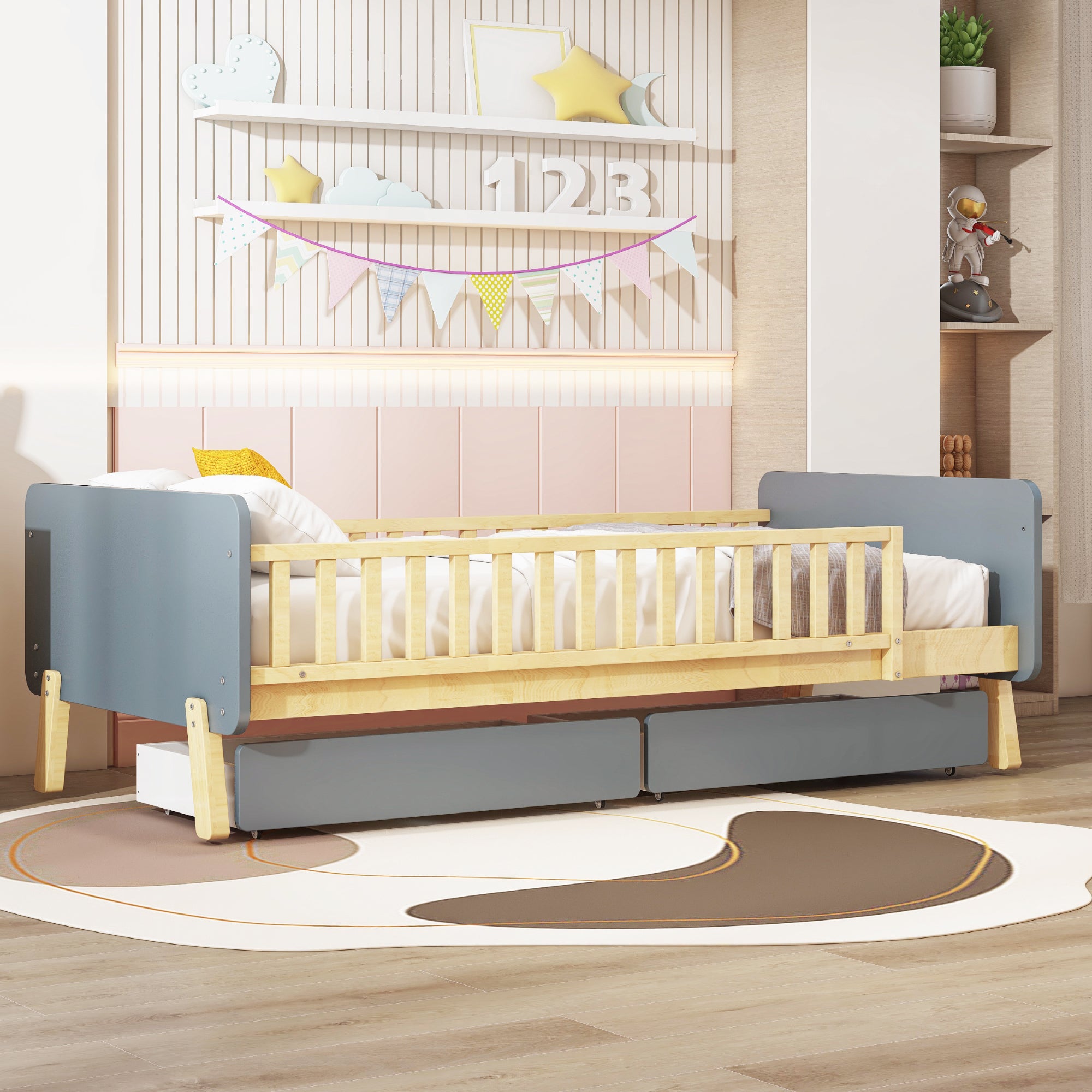 Lit Enfant 90x190 Cm Avec 2 Tiroirs – En Bois Massif, Sommier à Lattes, Couleur Gris – Pratique Et Sûr - 6