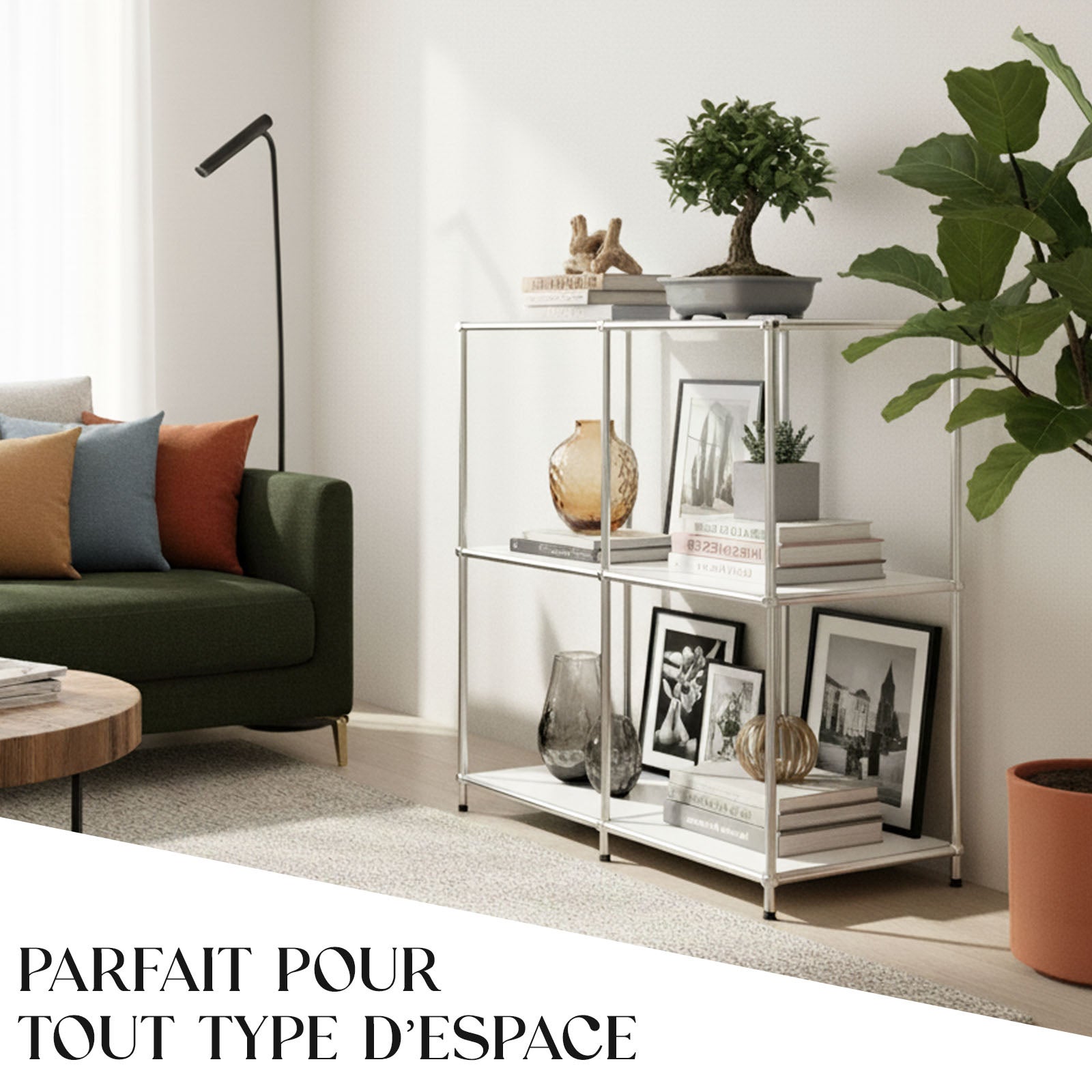 Étagère métal chromé design épuré, Concept Epuré MK-027 : 3 étages, 78 x 40 x 82 cm, Blanc - 2