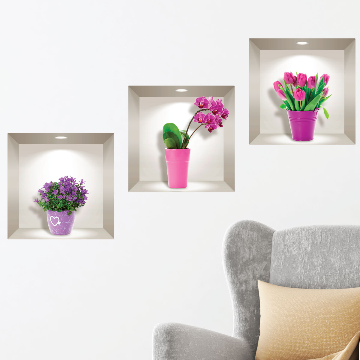 Vinilo 3d flores de tulipanes, orquídeas y agapantos - adhesivo de pared - revestimiento sticker mural decorativo - 30x90cm