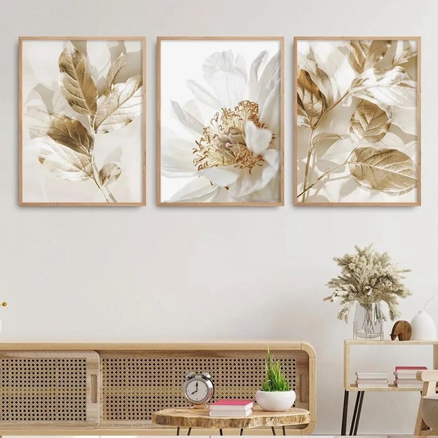 30 x 40 cm - Beige y dorado - Impresión en lienzo - Estampado floral - Moderno - Hoja botánica - Impresión en lienzo - Arte de pared - Sin marco
