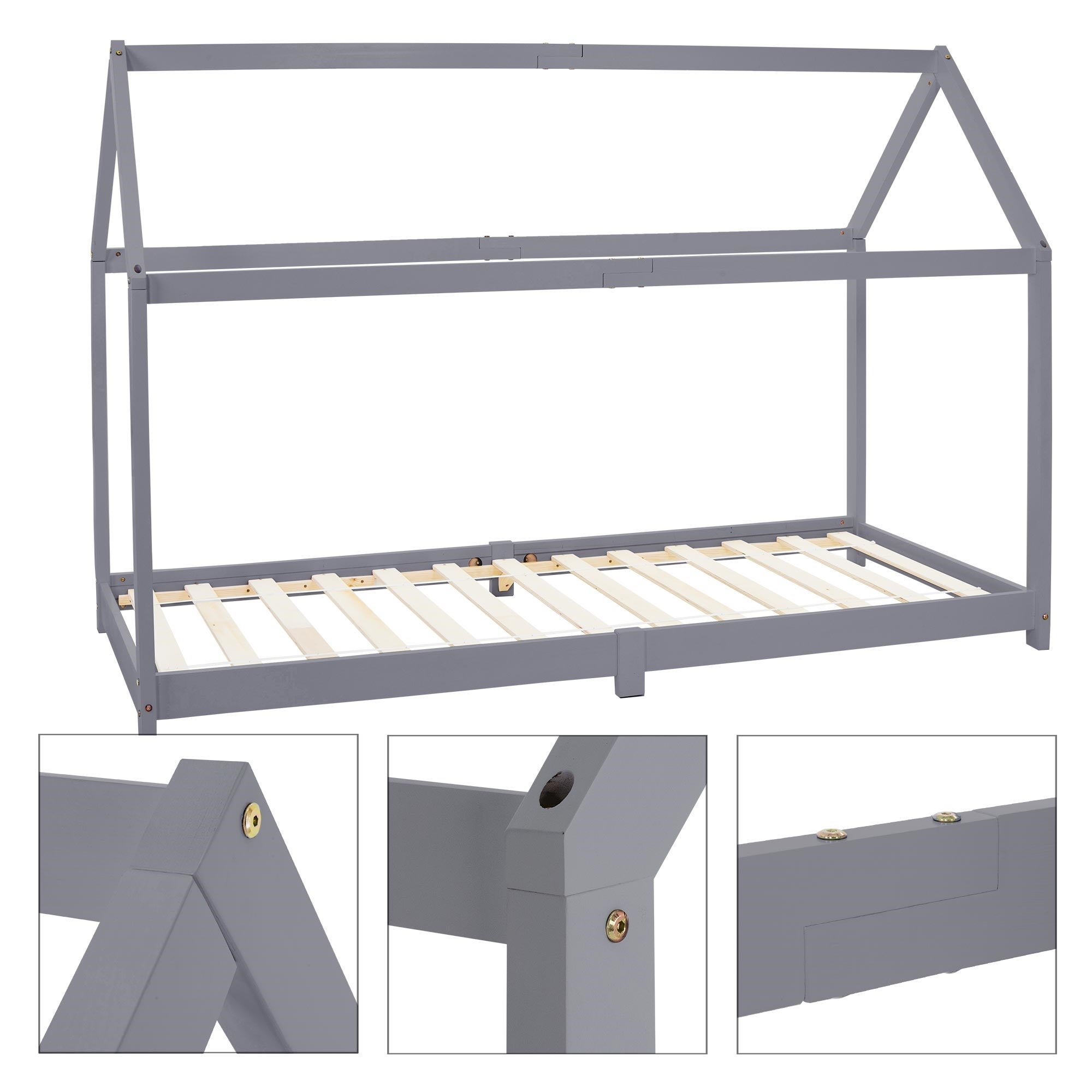 Lit cabane enfant 90x200 cm gris clair bois de pin massif avec matelas H16cm, toit et sommier à lattes, couchage au sol maisonnette - 7