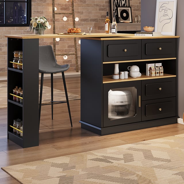 Meuble de bar extensible avec 1 porte en verre, 4 tiroirs et compartiments - 125-181 x 39 x 104.5 cm - MDF - Noir + naturel