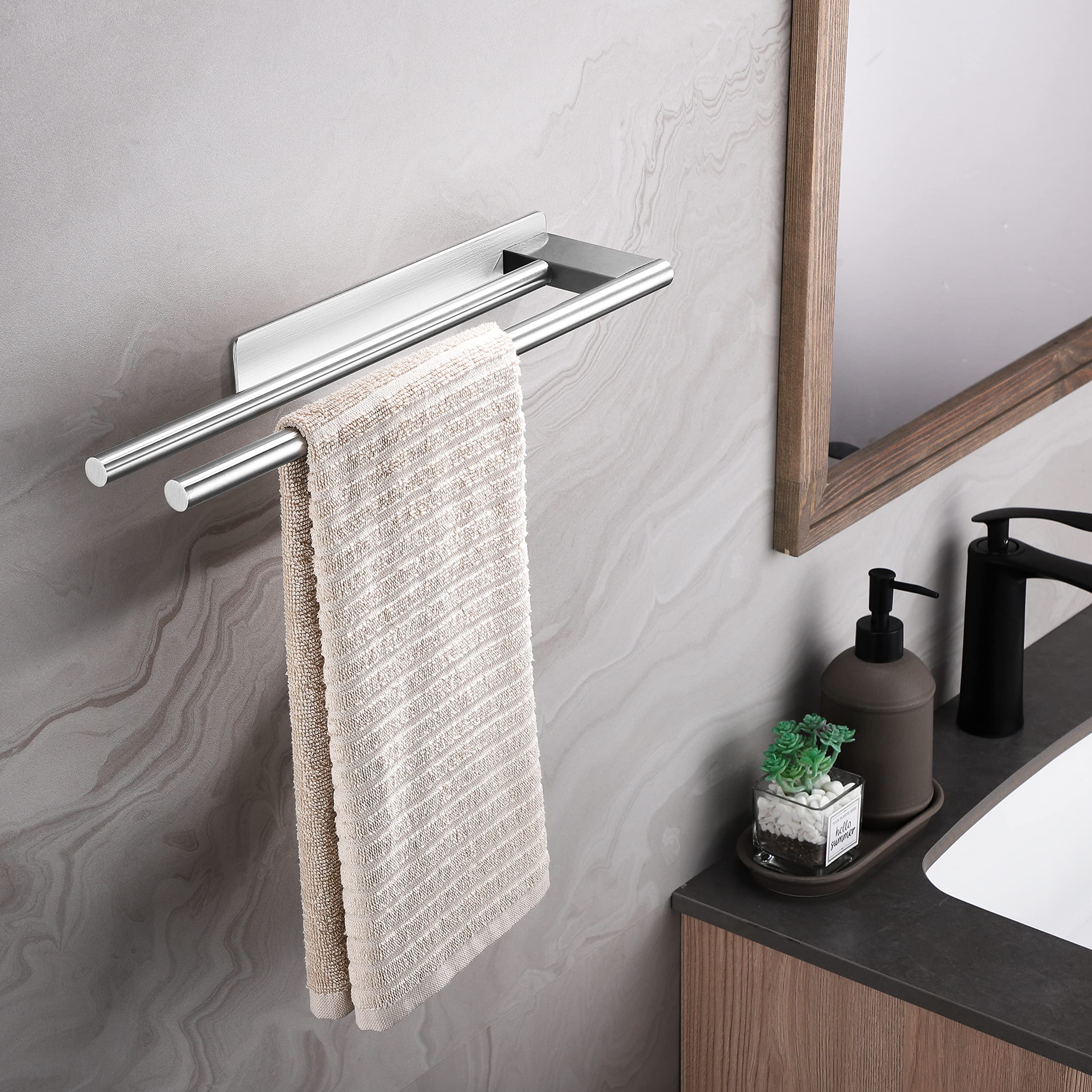 Porte-serviettes auto-adhésif en acier inoxydable, sans perçage, argent mat, porte-serviettes à deux bras, mural pour salle de bain - 2