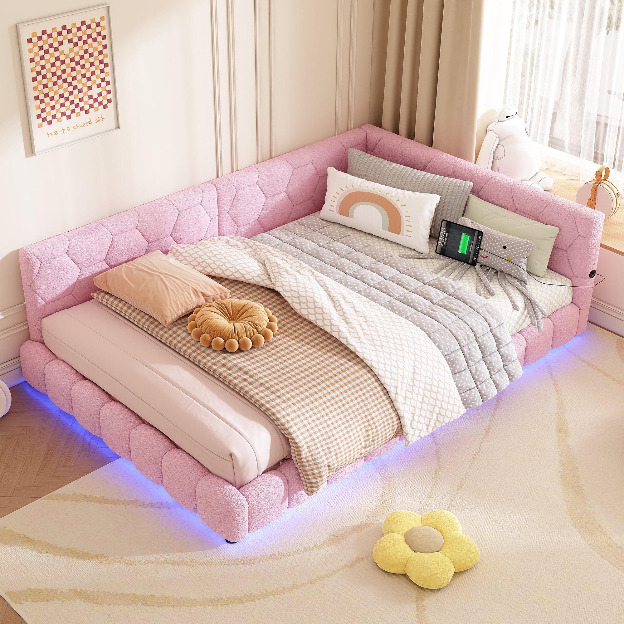 Łóżko welurowe 140x200cm - z diodami LED i portem USB - Różowe