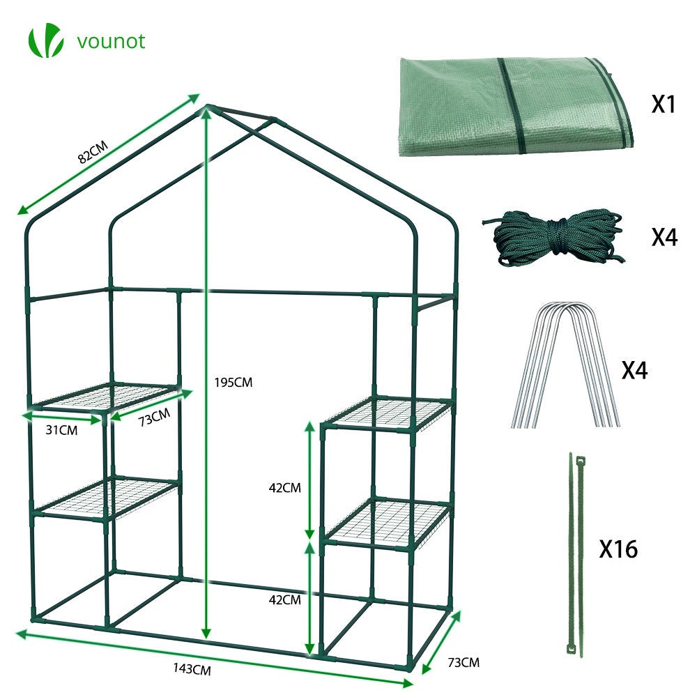 Serre de jardin avec étagères 143x73x195cm vert - bâche renforcée 135g/m², fenêtre moustiquaire, porte enroulable zippée - VOUNOT® - 6