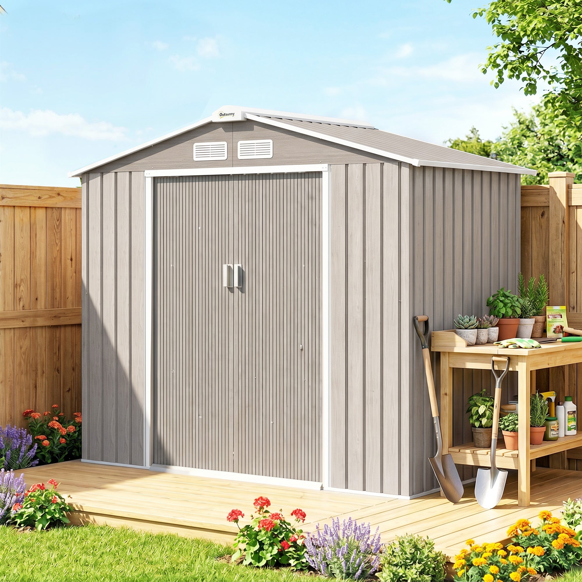 Cobertizo de Jardín Outsunny Acero Galvanizado Madera Natural 213x130x185 cm - 2
