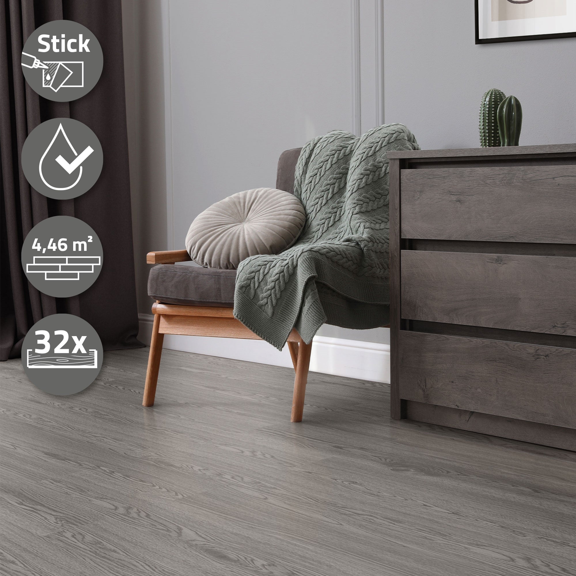 Revêtement de sol autocollant en PVC vinyle 4,46m²/32 planches 91,5 cm x 15,3 cm gris aspect chêne antidérapant résistant à l'eau et l'abrasion - 2