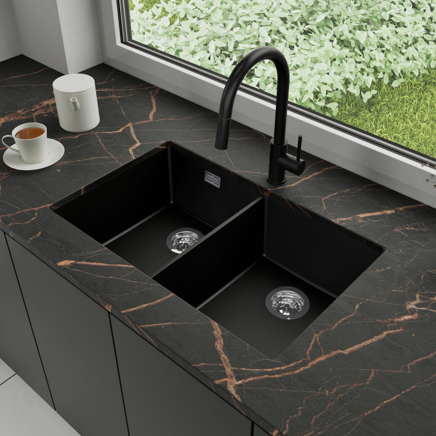 Zlewozmywak podblatowy 76x47cm, do szafki od 80cm + Bateria + Syfon - Agate Czarny STONESTYLE