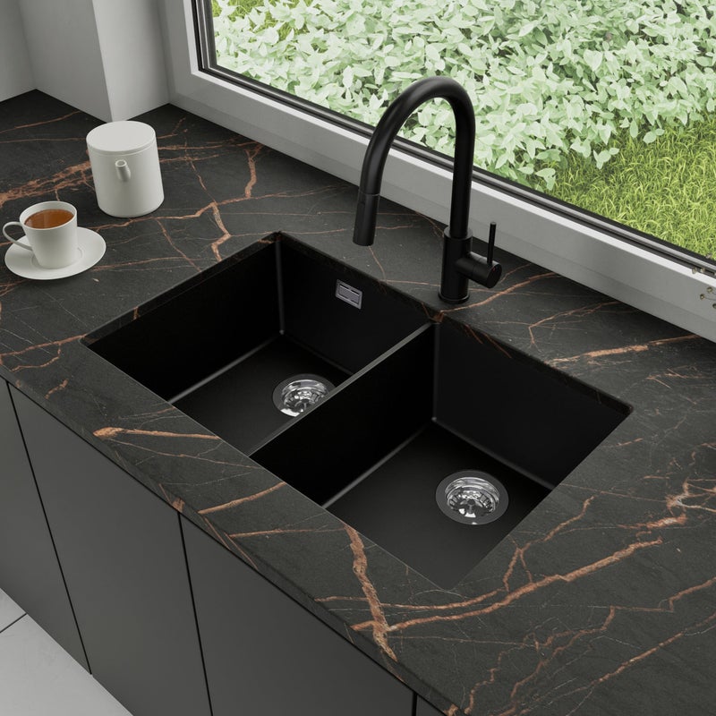 Zlewozmywak podblatowy 76x47cm, do szafki od 80cm + Bateria + Syfon - Agate Czarny STONESTYLE