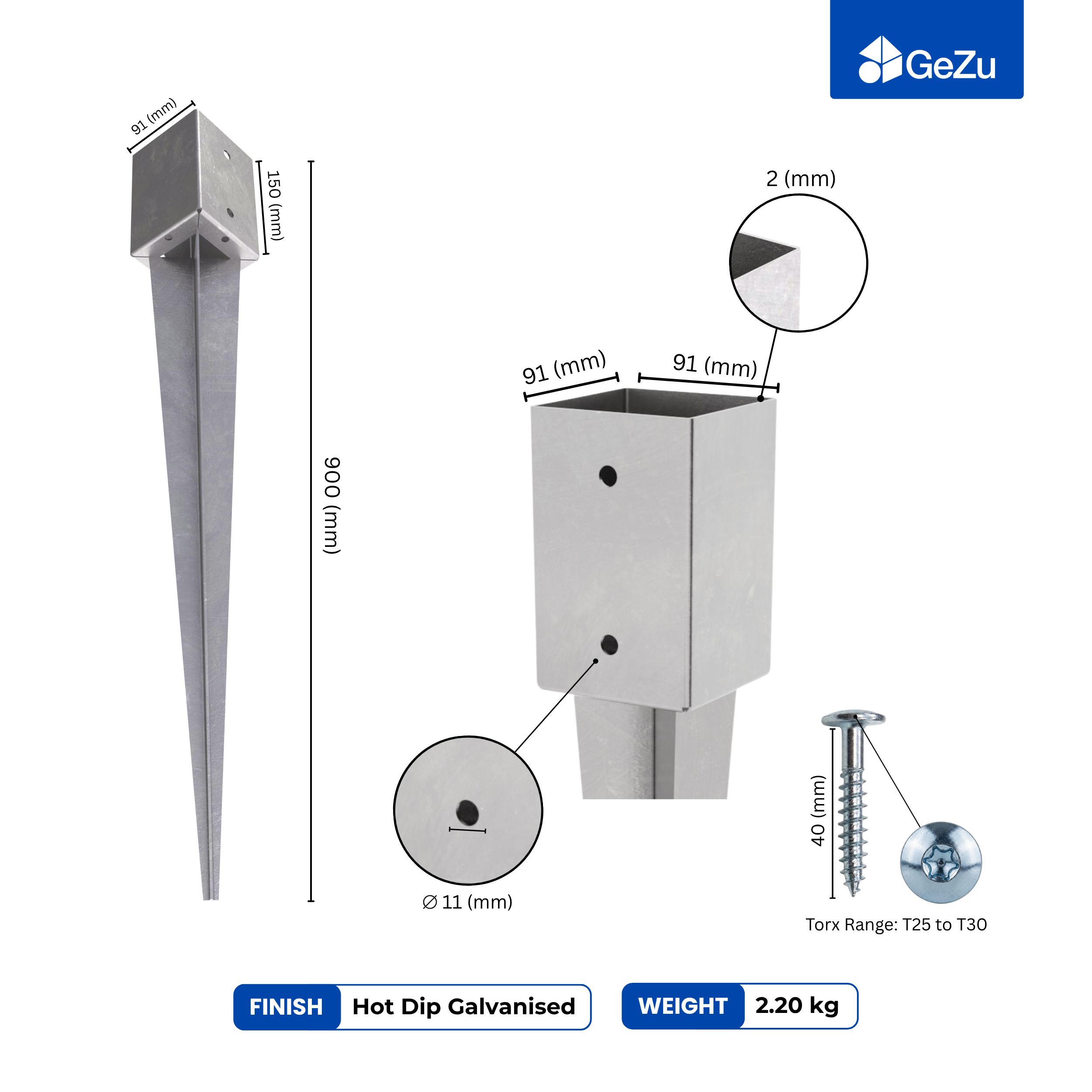 Support de Poteau à Enfoncer Galvanisé à chaud 91 x 91 x 900 mm douille piquet cloture bois ancre GeZu Impex - 2