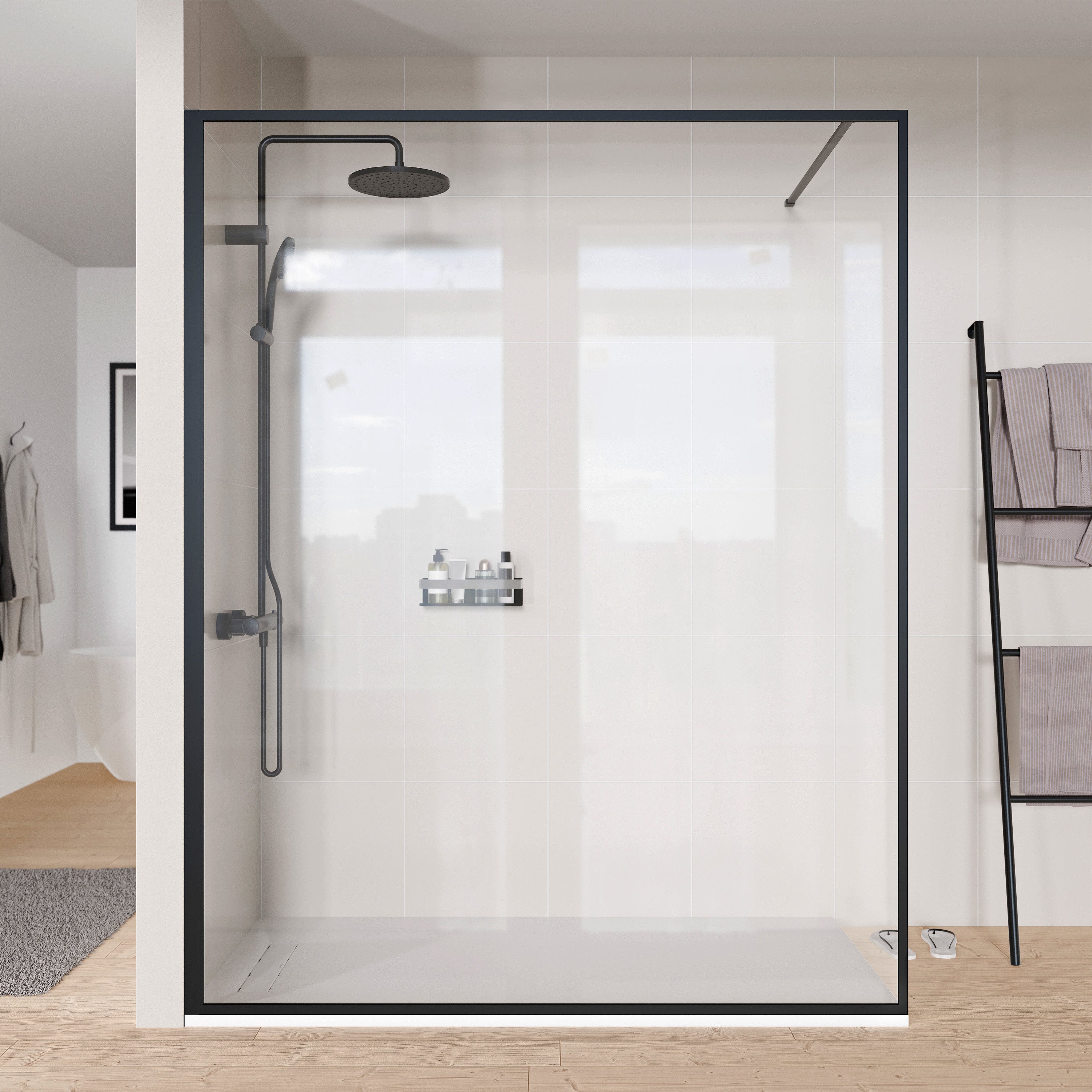 Bernstein Ścianka prysznicowa 140cm Walk-In 8mm FRAME profil czarny drążek stabilizujący - 2
