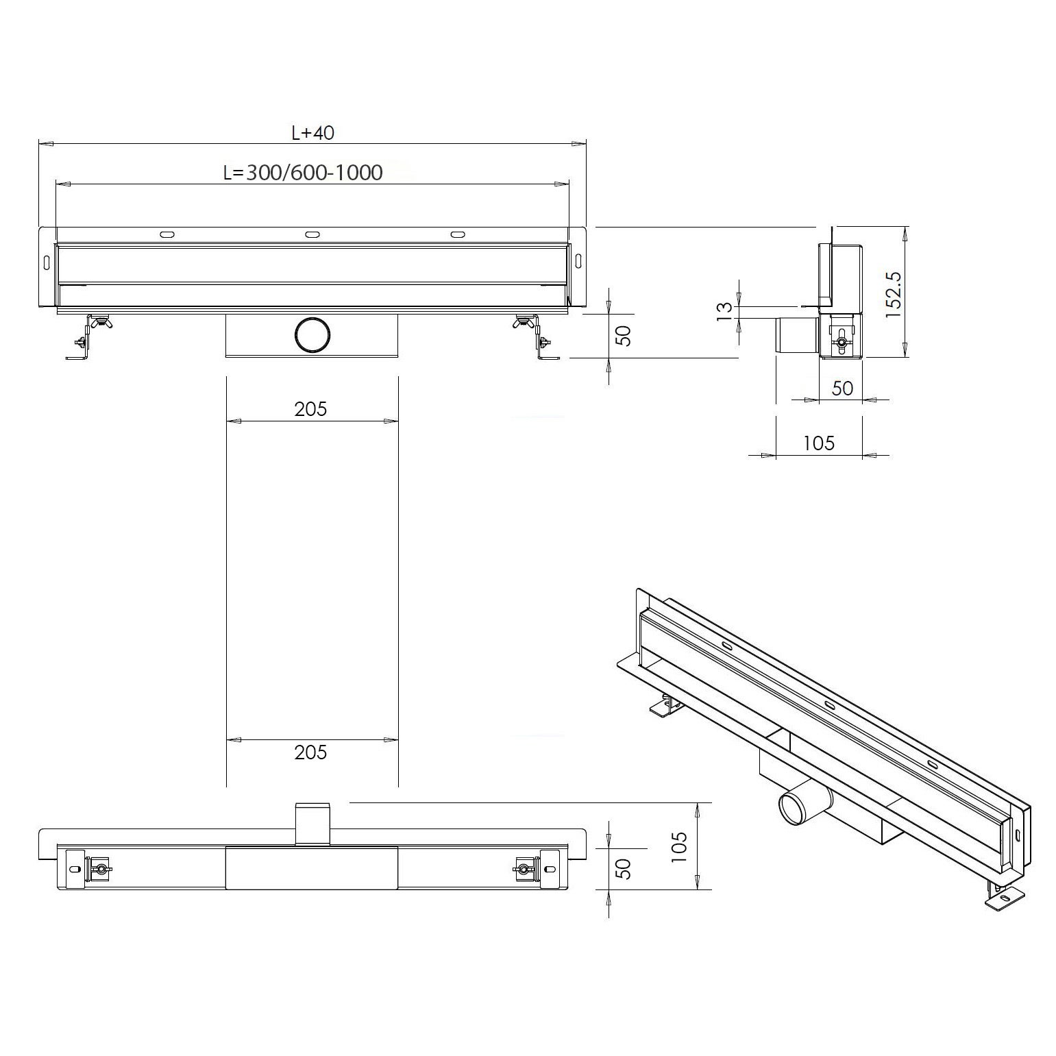 Bernstein Odpływ ścienny liniowy 100 cm stal nierdzewna łatwy montaż - 6