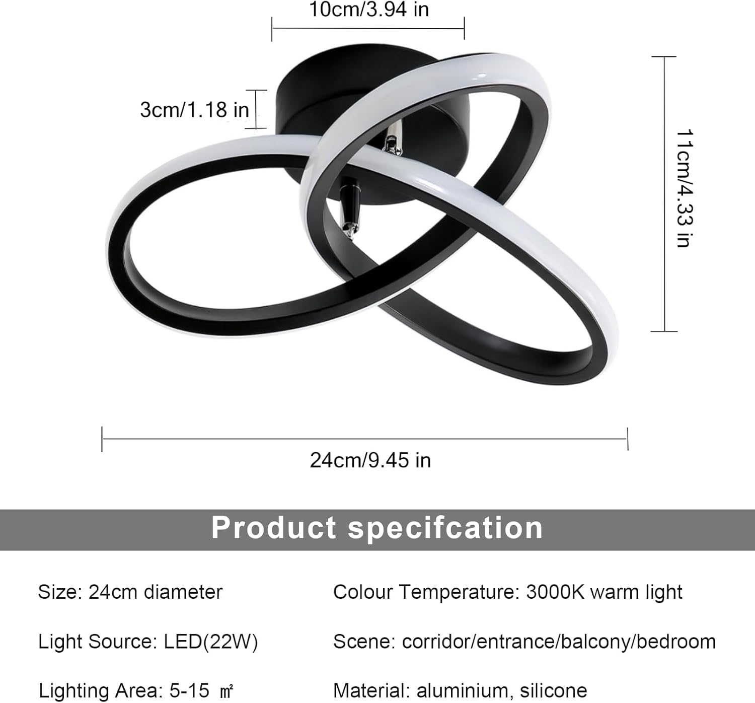 COMELY Plafonnier LED Design Moderne Noir 22W 2500lm 3000K Luminaire Plafond Anneaux pour Salon Chambre Cuisine Couloir Entrée Ø26cm - 2