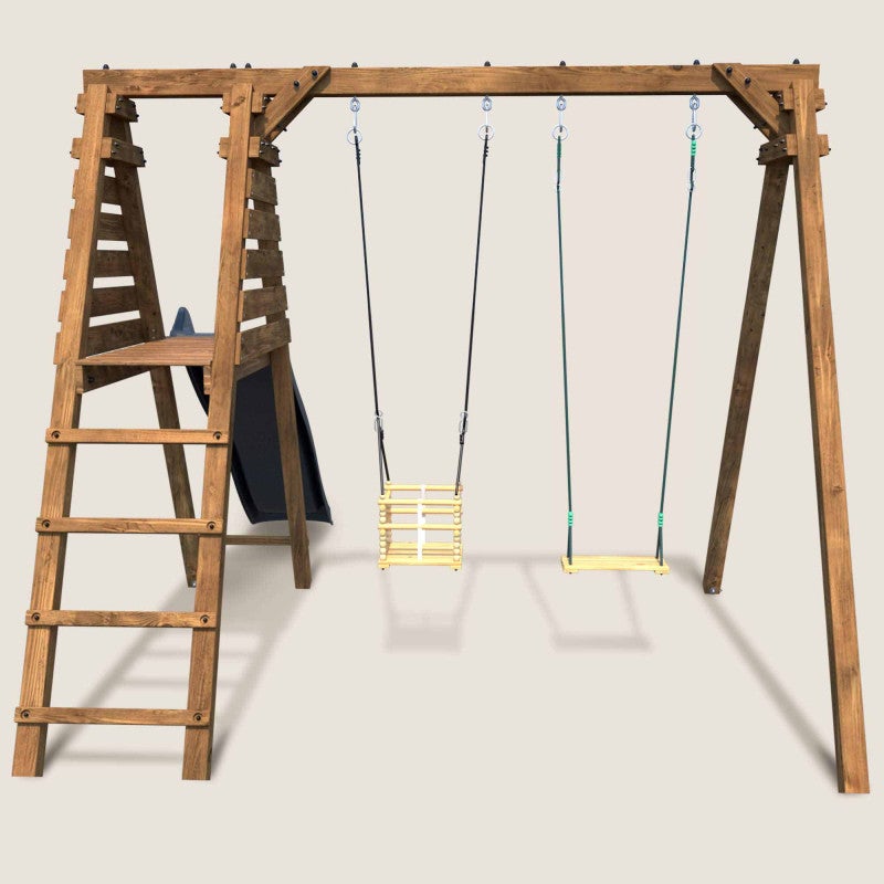 Portique en bois carré 2 agrès avec balançoire bébé et toboggan PRUNE - 3