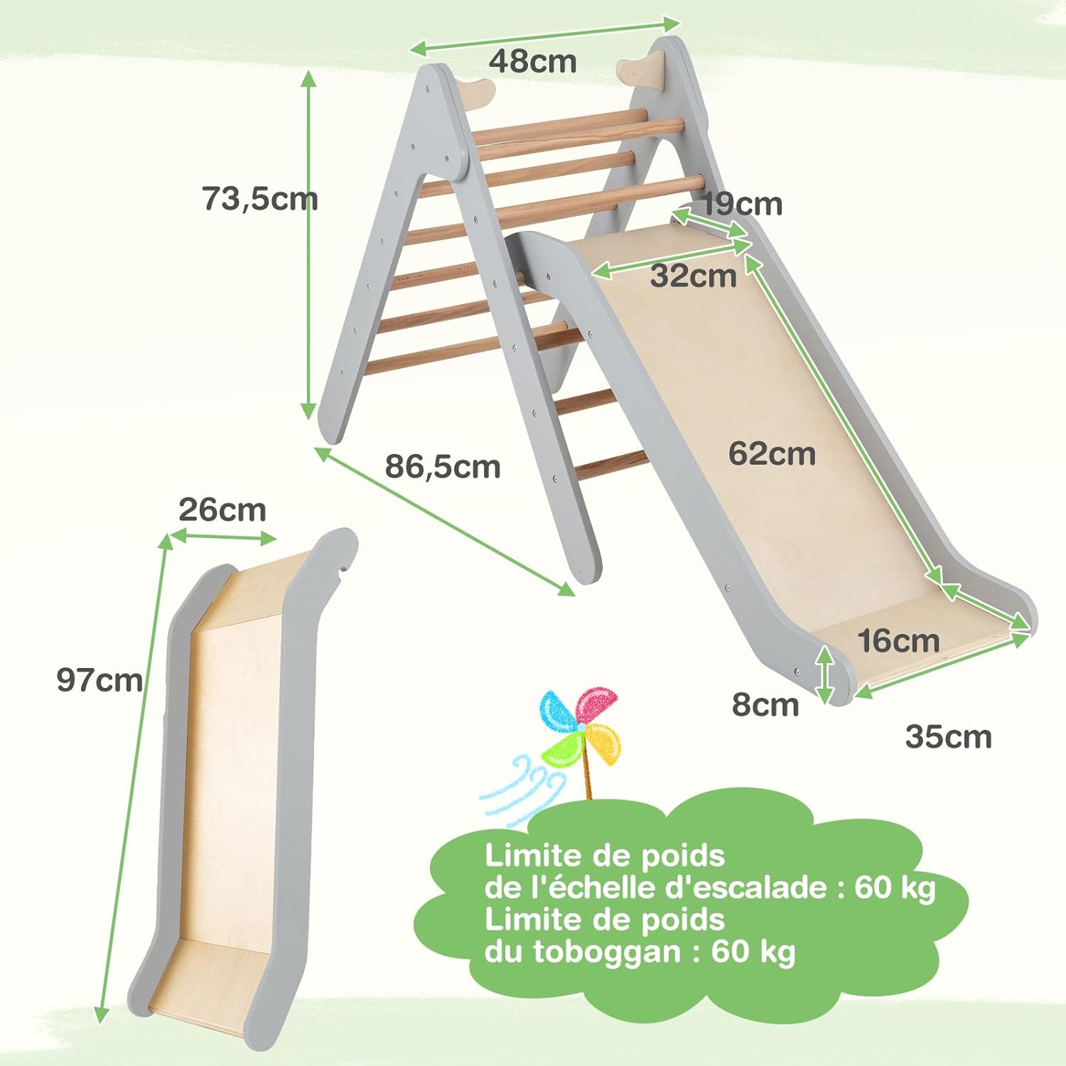 2 en 1 Triangle d'escalade Montessori Enfant avec Toboggan, Echelle d’Escalade en Bois avec Hauteur Réglable,Charge 60kg pour Enfants de 1 an+ - 5