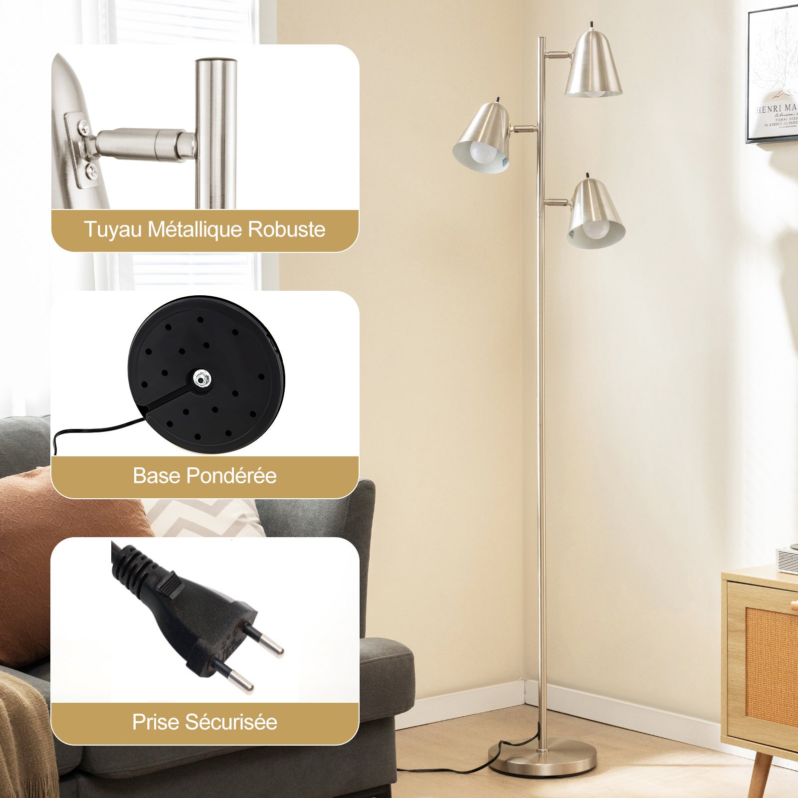 Lampadaire à 3 Ampoules H.163CM, Lampe Arbre sur Pied avec 3 Ampoules E26 A19 et Abat-jours Réglables, Poteau Métallique Robuste et Base Lourde,Argent - 7