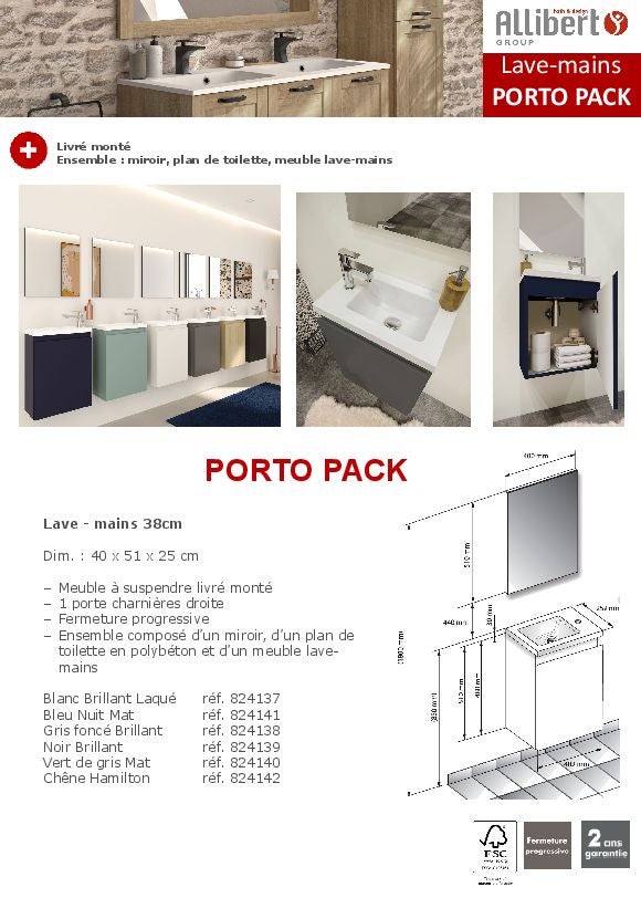 Ensemble meuble lave-mains avec miroir PORTO PACK blanc brillant laqué - L40 x H51 x P25 cm - - 7