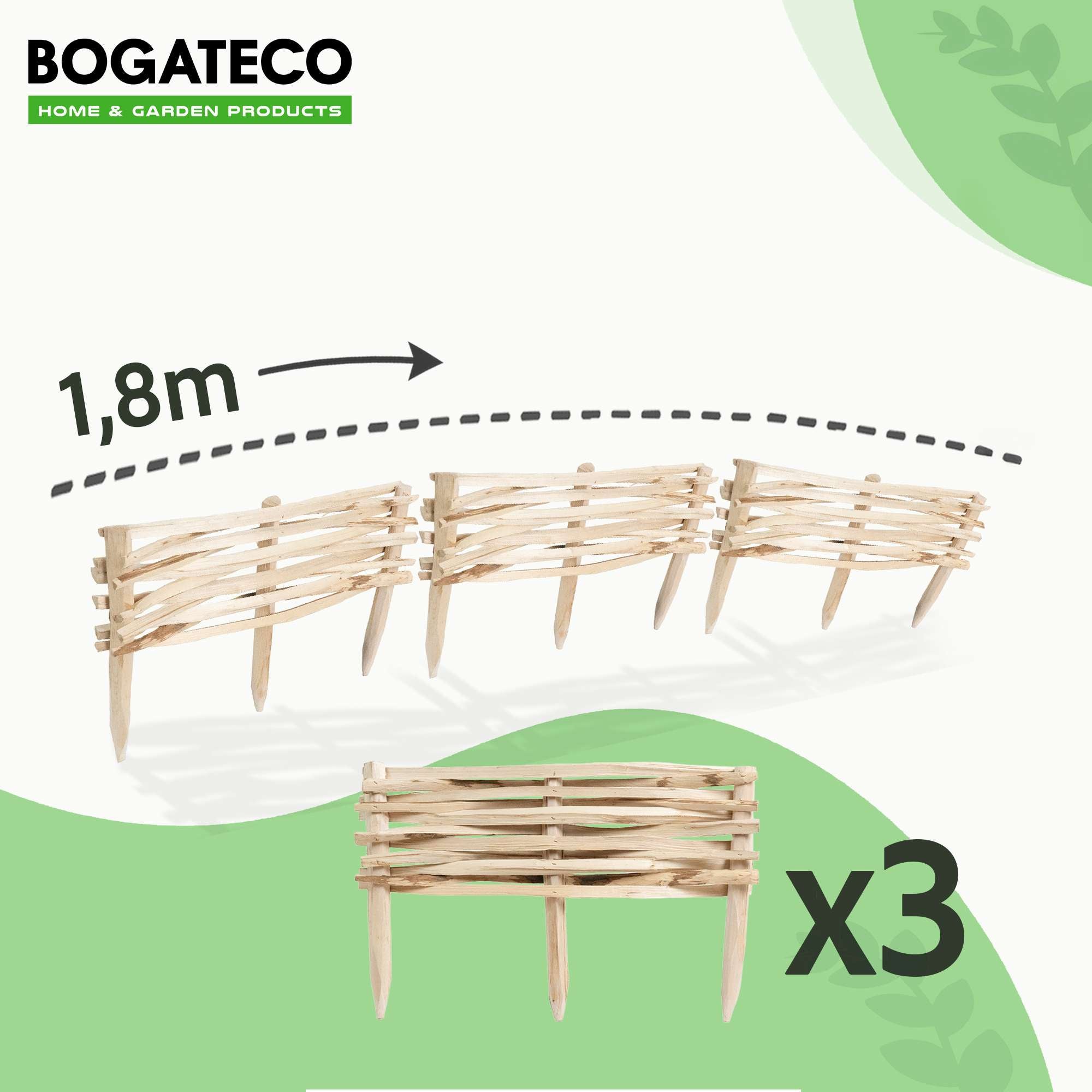 BOGATECO Lot de 3 Bordures de Jardin en Noisetier Naturel - Longueur 60 cm - Hauteur 20 cm - Clôture à Planter - Support de Parterre en Bois - 3