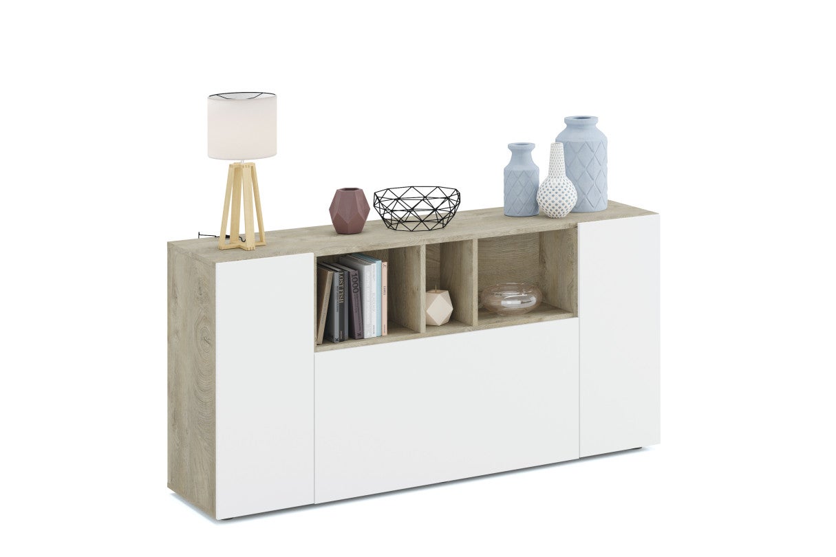 Buffet LOIRA - Mélaminé blanc artik et chene - 3 portes + 3 niches de rangement - L 150 x P 41 x H 76 cm - 6