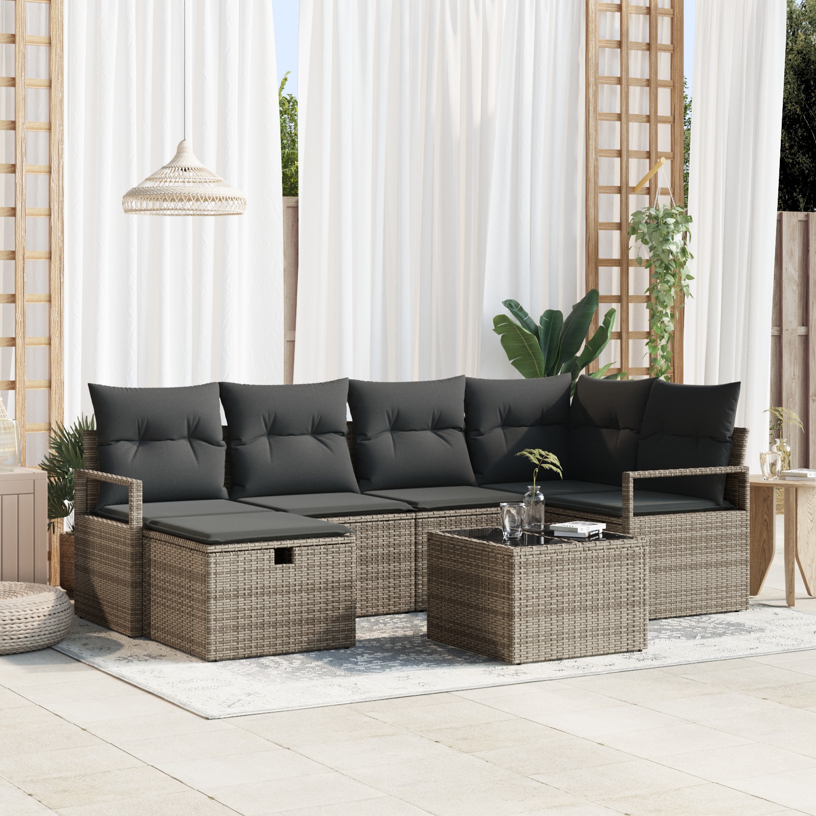 Zestaw Sof z poduszką z przechowywaniem Szary polirattan vidaXL