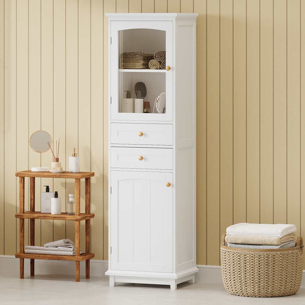 Armoire de salle de bain 45x36x160 cm avec portes vitrées, deux armoires et deux tiroirs, étagères réglables et fermeture magnétique - 3