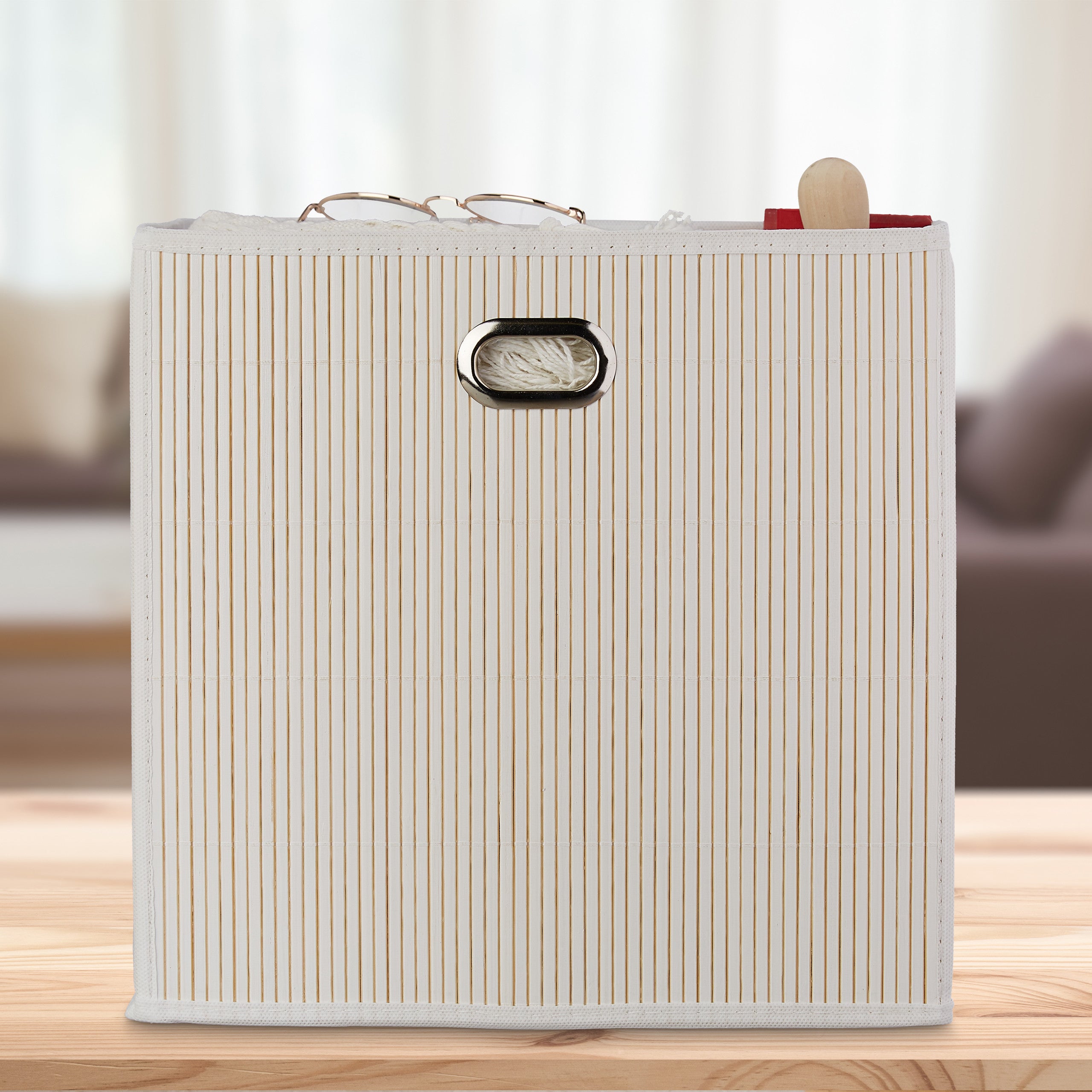 5x Contenitore Portaoggetti in Bambù, Scatola da Bagno Quadrato, HLP 31 x 31 x 31 cm, Pieghevole, Bianco - 2