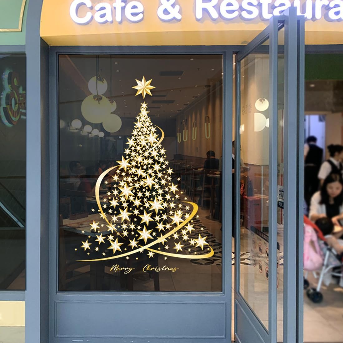 Adesivi Natalizi Per Finestre A Forma Di Albero Con Stelle Dorate, Gigante 110x90 Cm, Rimovibili E Riutilizzabili, Decorazioni Feste Natale