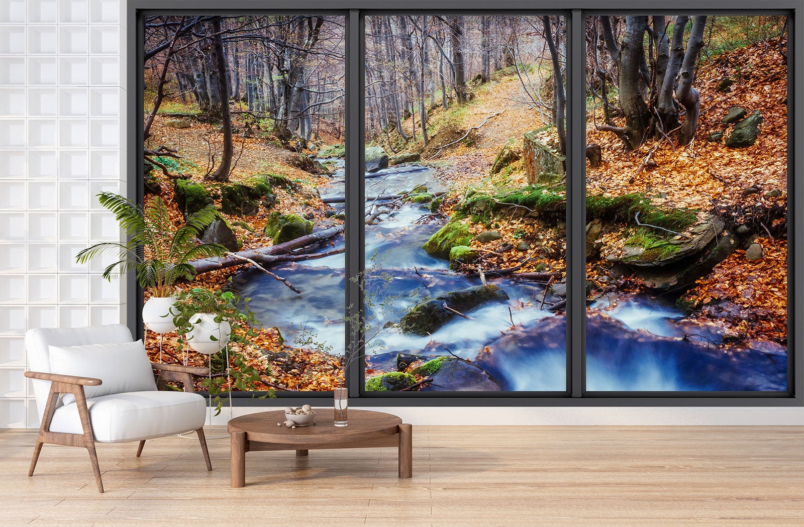 Papier peint panoramique intissé décoratif Trompe l'oeil baie vitrée - Rivière forêt - L260 cm x H156 cm - 3