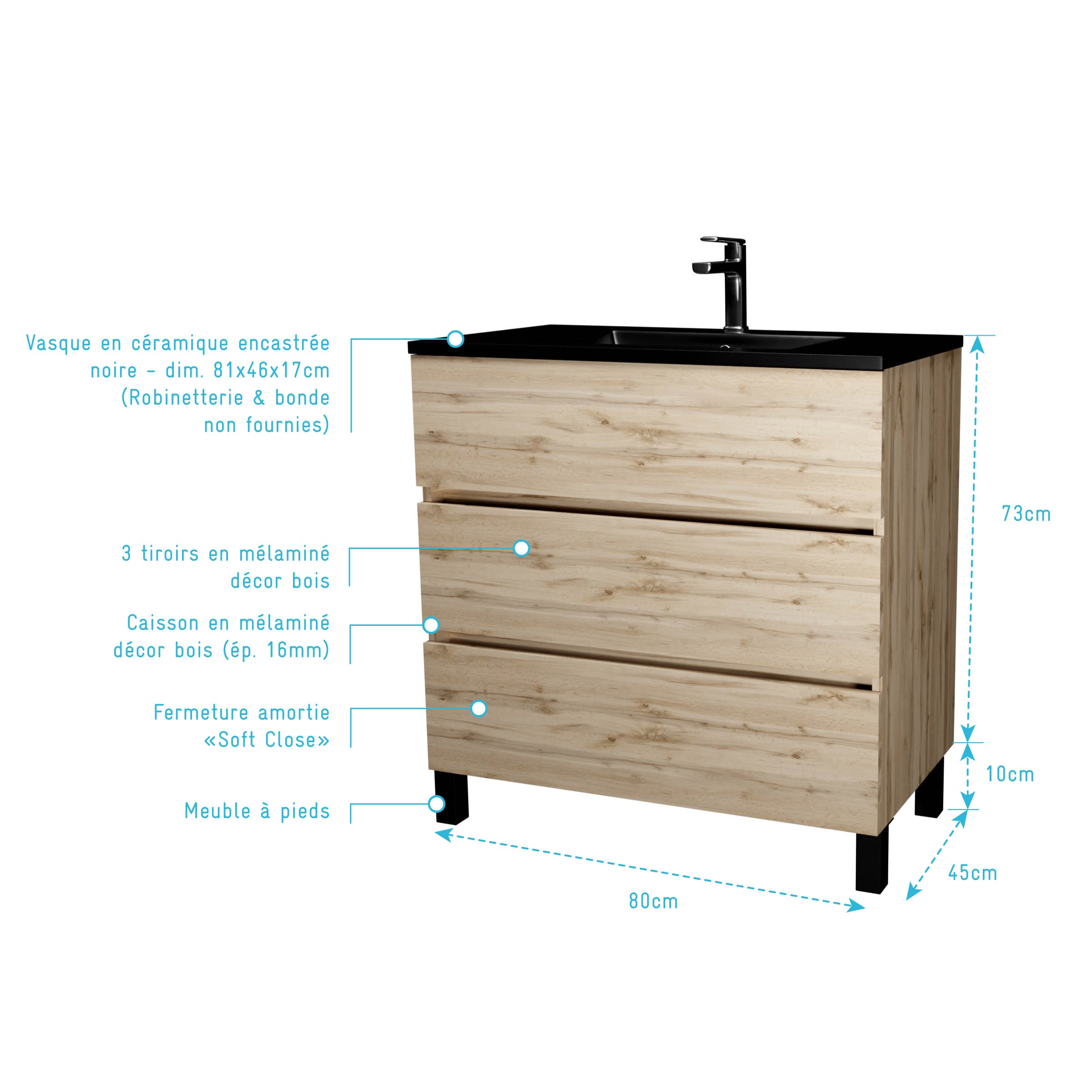 Meuble de salle de bains 80 cm 3 Tiroirs Chêne Naturel + Vasque Céramique Noire - TIMBER - 4