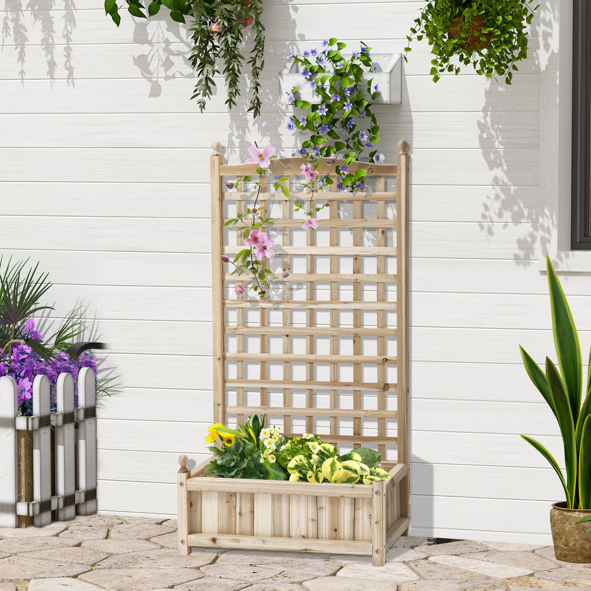 Jardinière surélevée avec treillis, bac à fleurs, support pour plantes grimpantes, arche pour rosiers grimpants, bois de jardin, 64 x 28 x 120 cm - 2